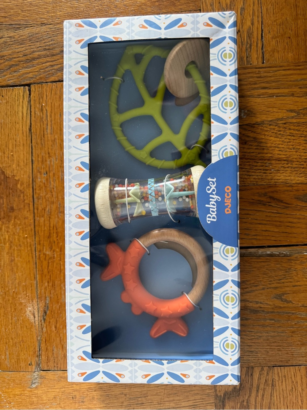 Djeco BabySet Teething & Rattle Trio in Green and Orange